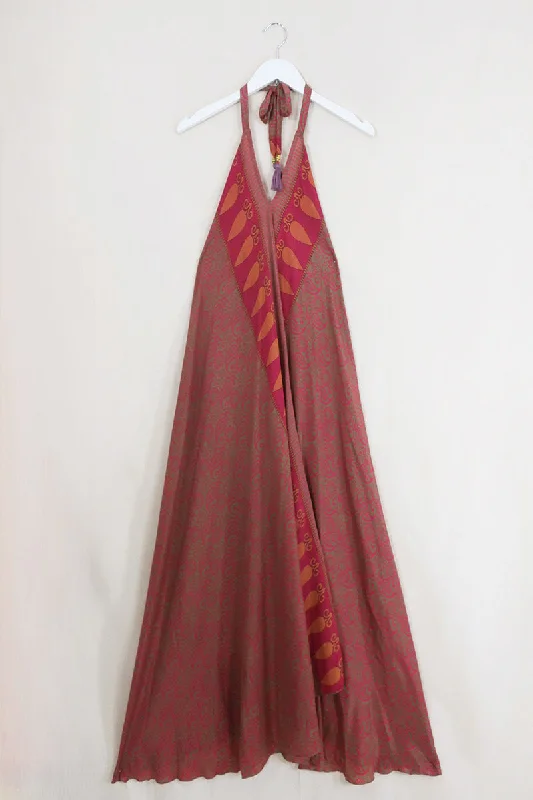 Athena Maxi Dress - Vintage Sari - Pink Rosewood Floral - Free Size M/L