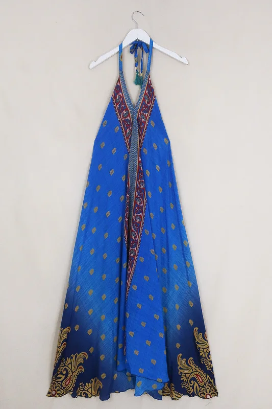 SALE Athena Maxi Dress - Vintage Sari - Sapphire Blue Fade - Free Size M/L