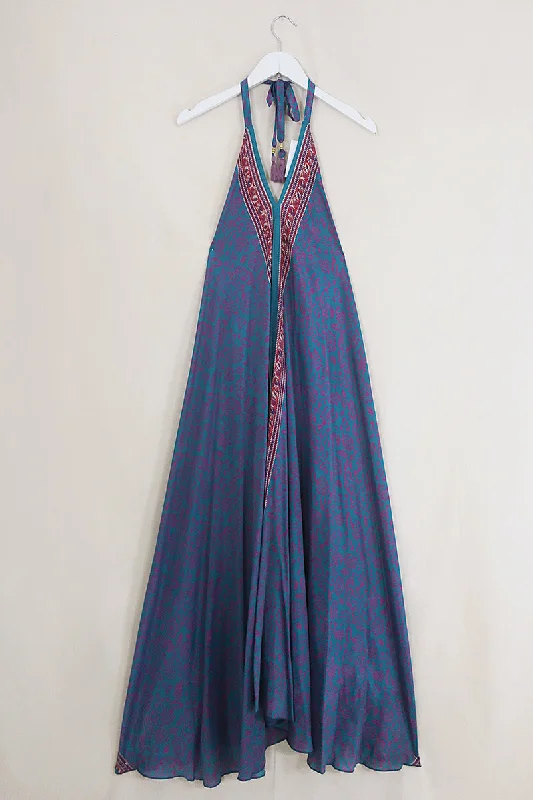 Athena Maxi Dress - Vintage Sari - Teal Falling Flowers - Free Size M/L