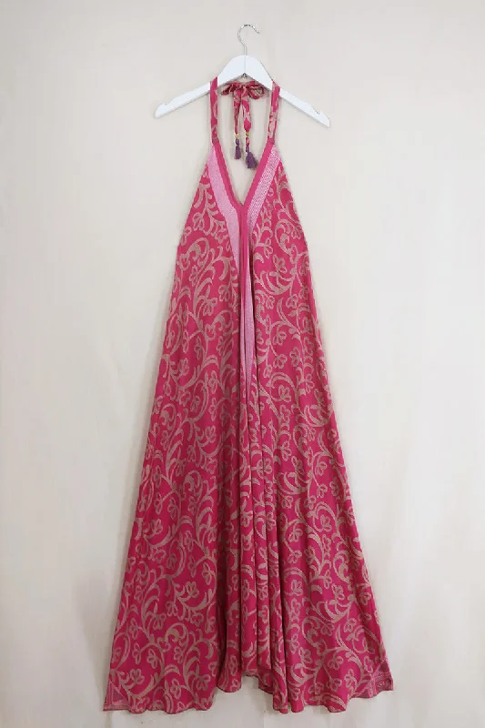 Athena Maxi Dress - Vintage Sari - Pink Bold Florals - Free Size S/M