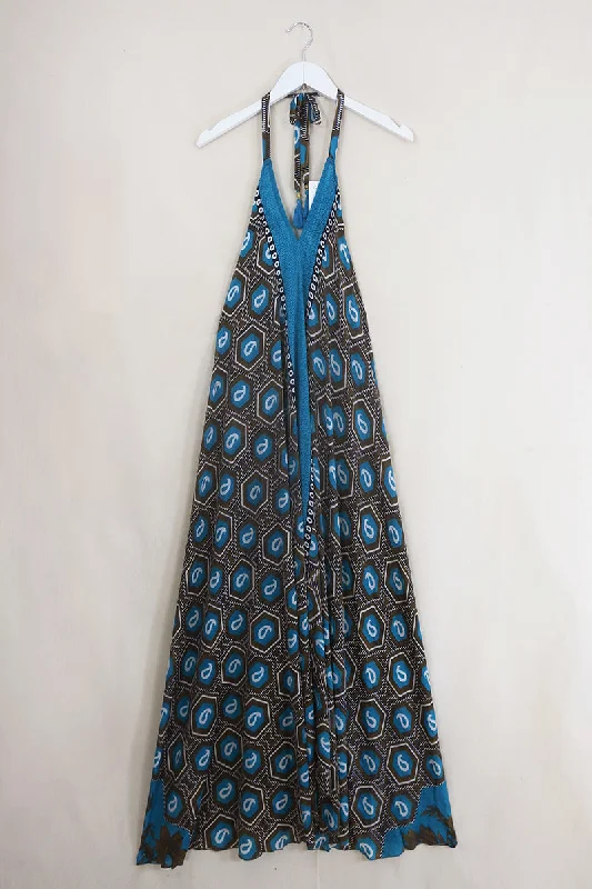 Athena Maxi Dress - Vintage Sari - Turquoise & Tiger Eye Paisley - Free Size S/M