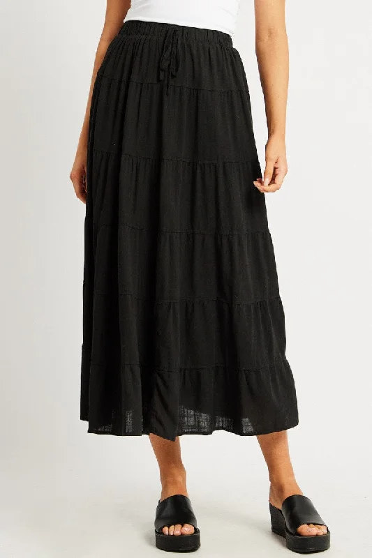 Black Maxi Skirt Tiered High Rise Linen Blend