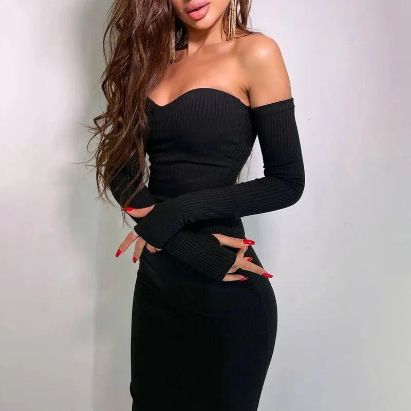 Off Shoulder Knitted Maxi Dress Evening Party Maxi Dress