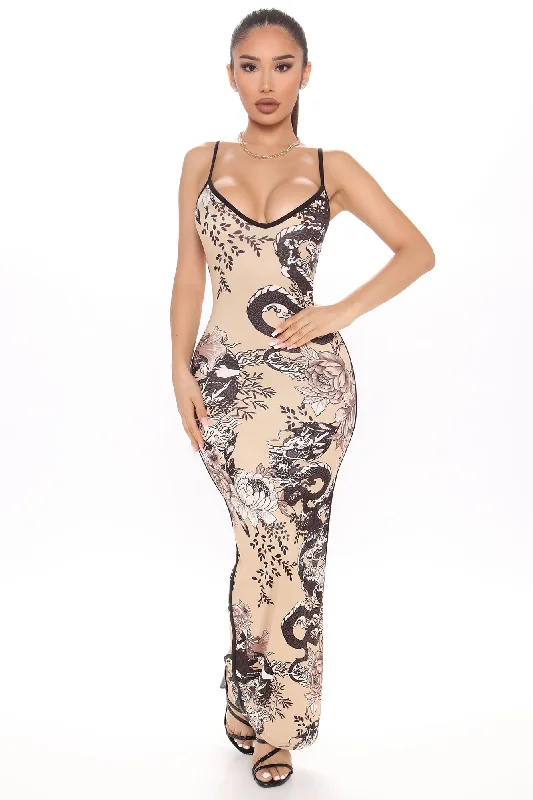 Dragon Tattoos Printed Maxi Dress - Taupe/combo