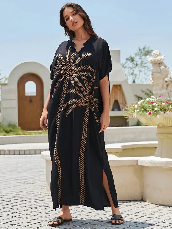 DressBetty - 2024 Elegant Black Leaf Embroidered Short Sleeve Maxi Dress