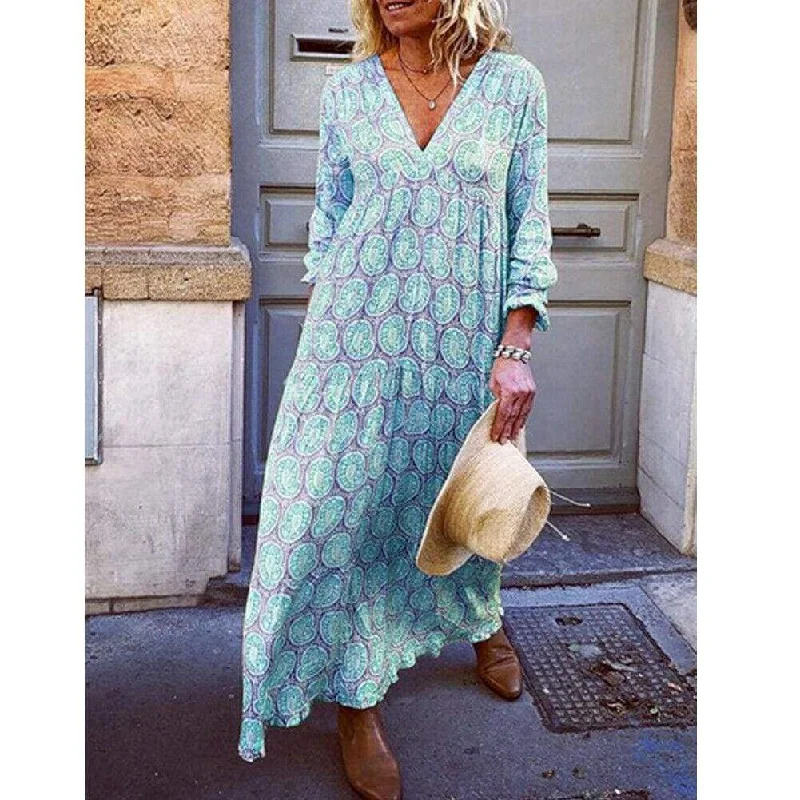 FashionSierra - Fashion Women Boho Deep V Neck Floral Long Maxi Dress