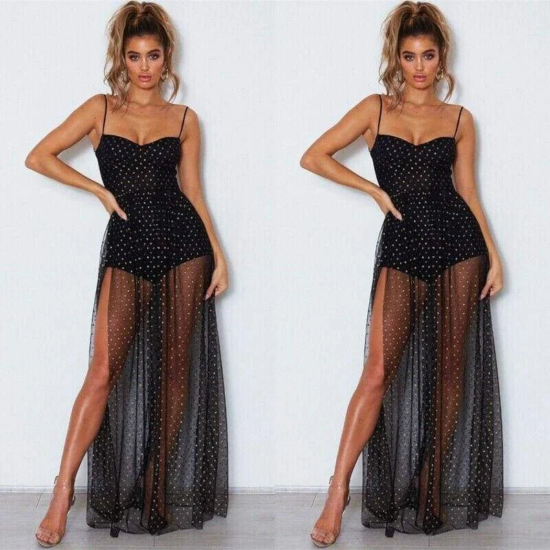 FashionSierra - Fashion Women Sexy Polka Dots Slit Ladies See-Through Long Dress