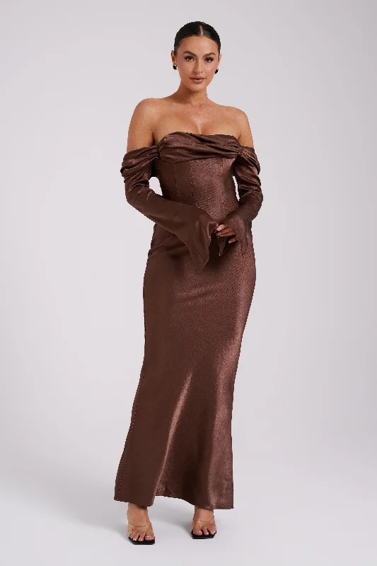 Giselle Off Shoulder Cowl Neck Maxi Dress - Mocha