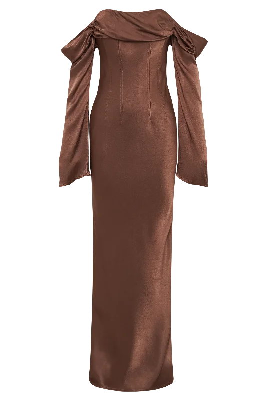 Giselle Off Shoulder Cowl Neck Maxi Dress - Mocha