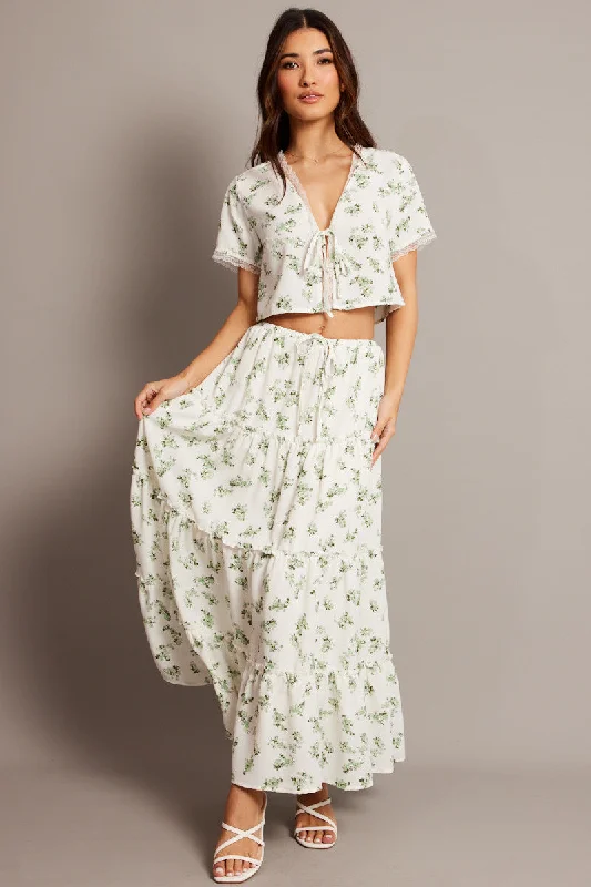 Green Floral Maxi Skirt Tiered High Rise Elastic Waistband