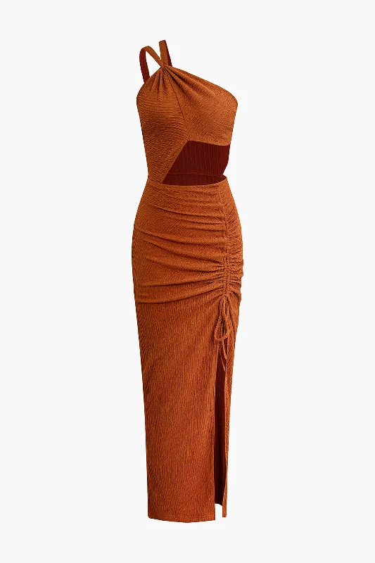 One-Shoulder Ruched Cutout Slit Maxi Dress