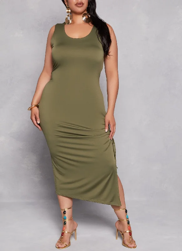 Plus Size Scoop Neck Ruched Side Maxi Tank Dress