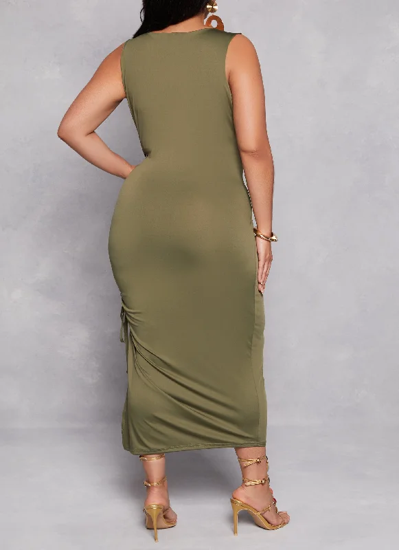 Plus Size Scoop Neck Ruched Side Maxi Tank Dress