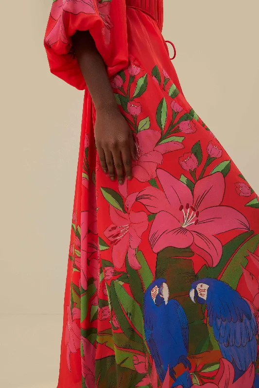 Red Summer Foliage Scarf Maxi Dress