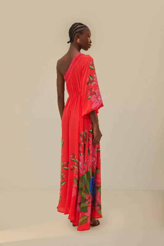 Red Summer Foliage Scarf Maxi Dress