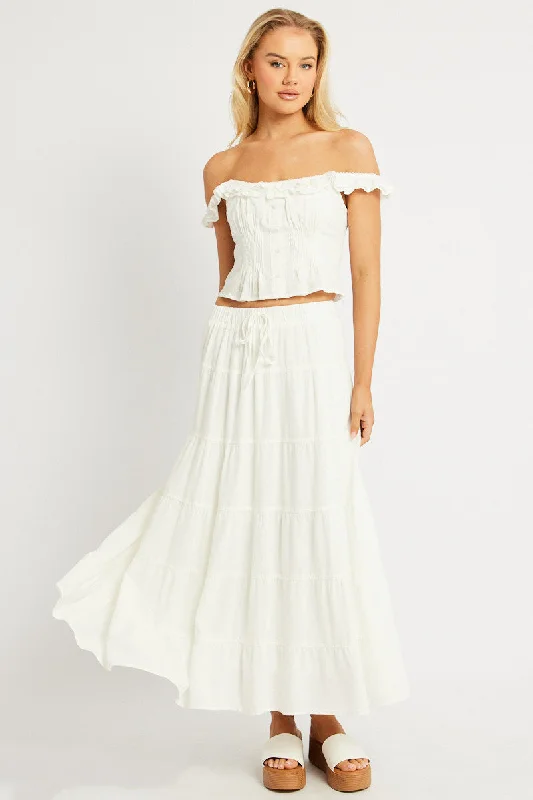 White Maxi Skirt Tiered High Rise Linen Blend