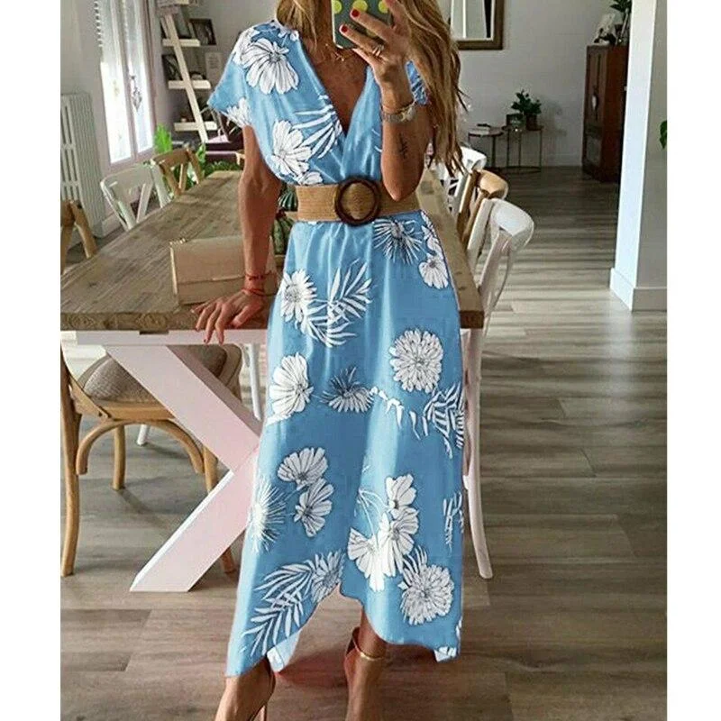 FashionSierra - Women V-neck Boho Floral Belted Maxi Dress Summer Ladies Casual Short Sleeve Party Beach Sundress Holiday Clothing