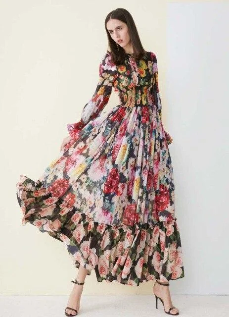 FashionSierra - Floral Printed Ruffles Elegant Designer Casual Holiday Maxi Dresses