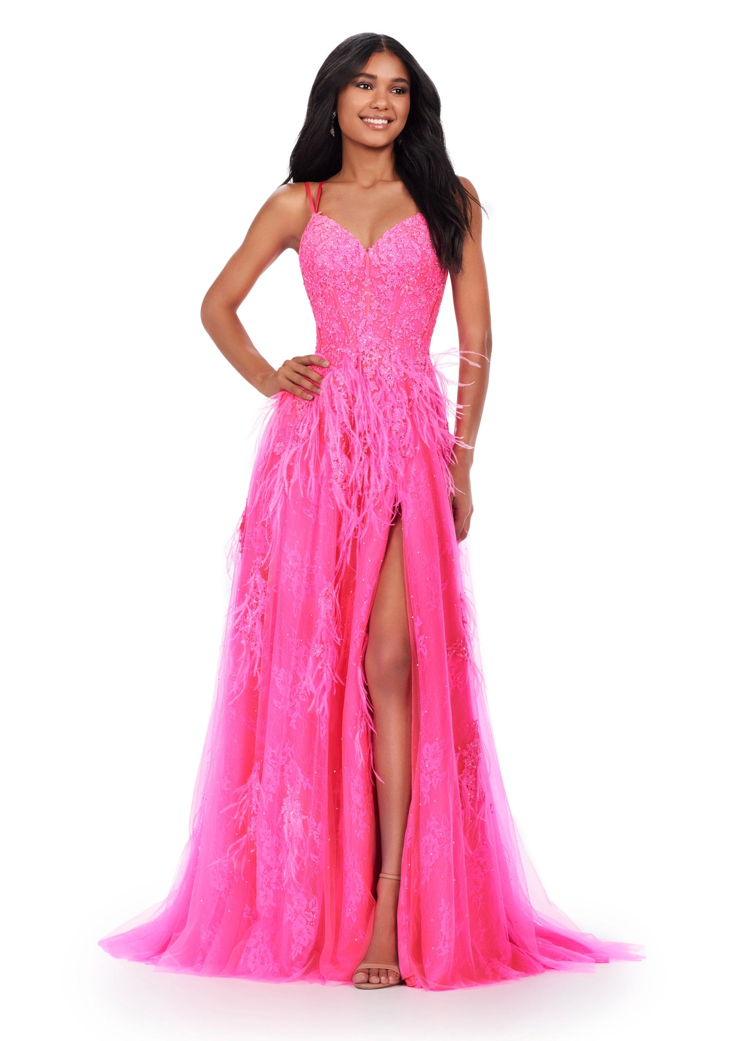 Ashley Lauren 11480 Lace Feather A Line Slit Prom Dress Ballgown Backless Corset Pageant Gown
