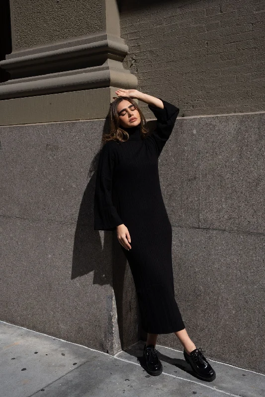 Black Cable Knit Bell Sleeve Dress