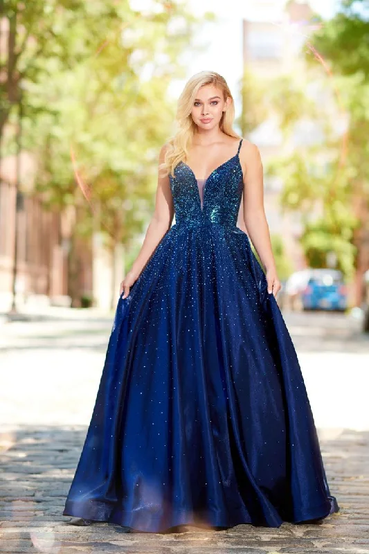 Ellie Wilde EW121005 Crystal Covered Shimmer Satin Ballgown Corset Prom Dress V Neck