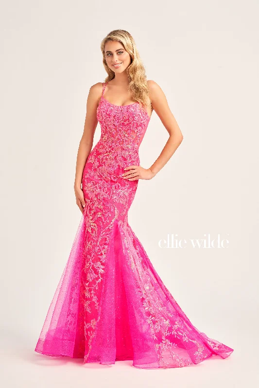 Ellie Wilde EW35008 Long Sequin Shimmer Mermaid Prom Dress Corset Scoop Neck Formal Gown
