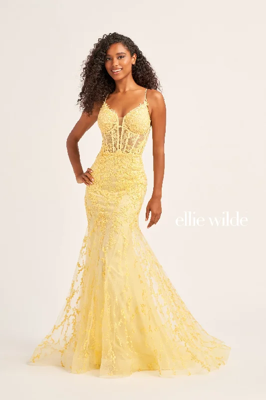 Ellie Wilde EW35010 Long Shimmer Lace sheer Corset Mermaid Prom Dress Formal Pageant Gown