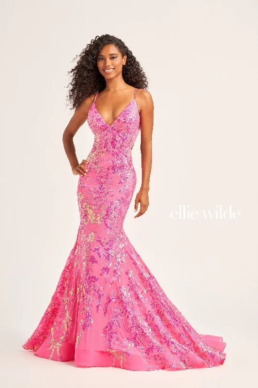 Ellie Wilde EW35011 Long Sequin Sheer Cut out Mermaid Prom Dress Backless Corset Gown