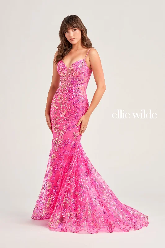 Ellie Wilde EW35013 Long Fitted Sequin Mermaid Prom Dress Sheer Corset Formal Gown