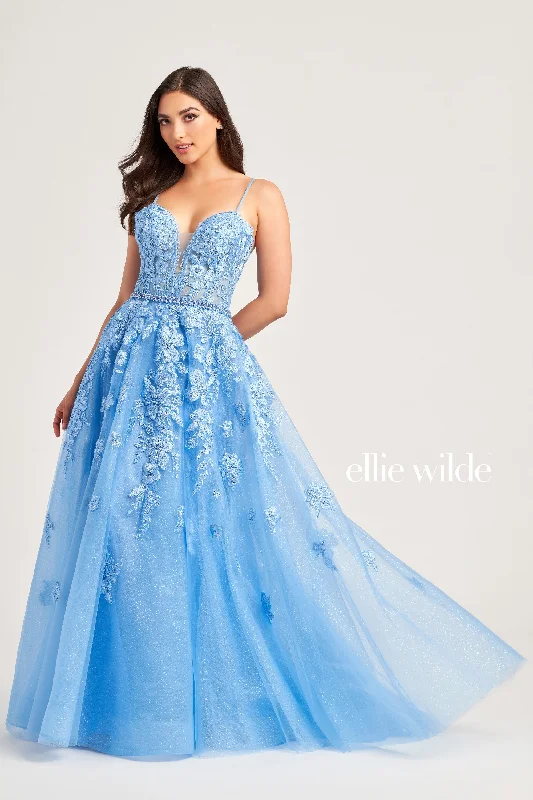 Ellie Wilde EW35016 Long A Line Shimmer Lace Sheer Corset Prom Dress Formal Evening Gown