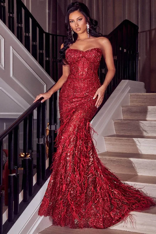 Enchanting Red Feather Gown for Unforgettable Occasions by Portia and Scarlett