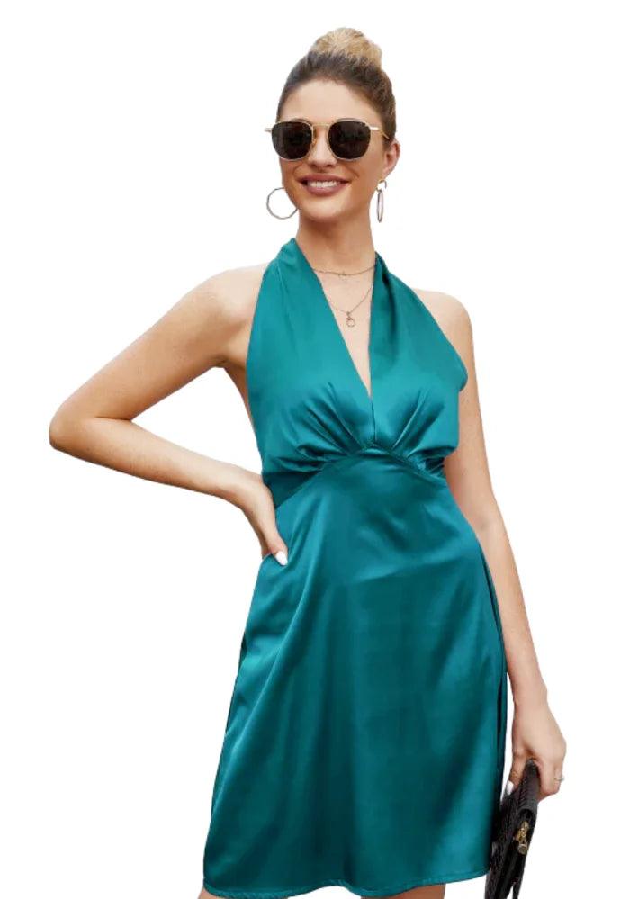 Green Satin Open Back Dress