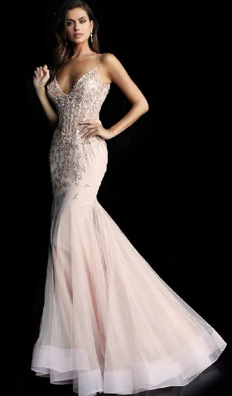 Jovani - 63704SC Embellished Sheer Corset V Neck Mermaid Dress