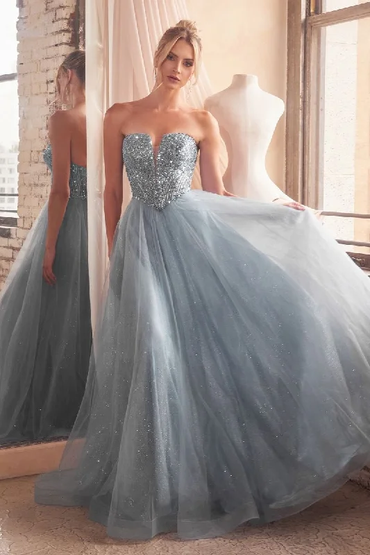 Ladivine CD0217 Strapless Sequin Shimmer Tulle Ballgown Formal Dress Prom V Neck Gown