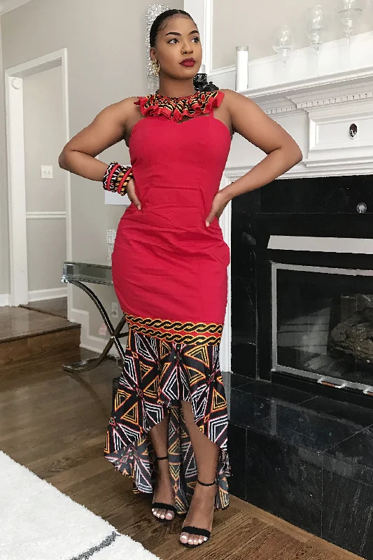 Red Toghu Evening Print Dress