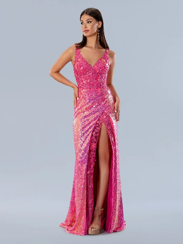 Stella Couture 24200 Sheer Sequin Corset Prom Dress Lace Slit Formal Gown Plus Size Evening