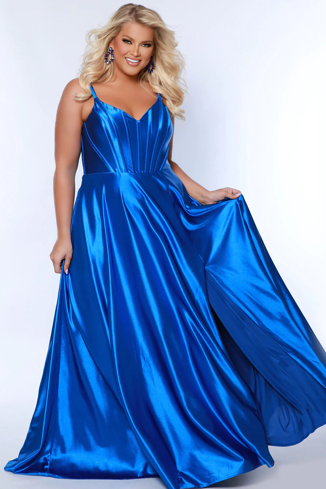Sydneys Closet SC7380 Long Prom Dress Plus Size Corset V Neck Satin A-Line Formal Gown Pageant