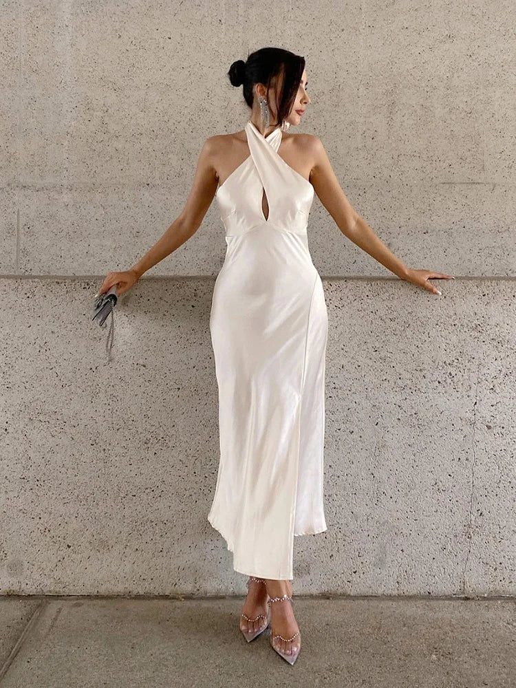 White Halterneck Satin Slip Dress
