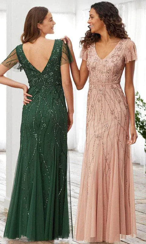 Adrianna Papell Platinum 40367 - Short Sleeve V-neck Evening Dress Square Neckline Feminine