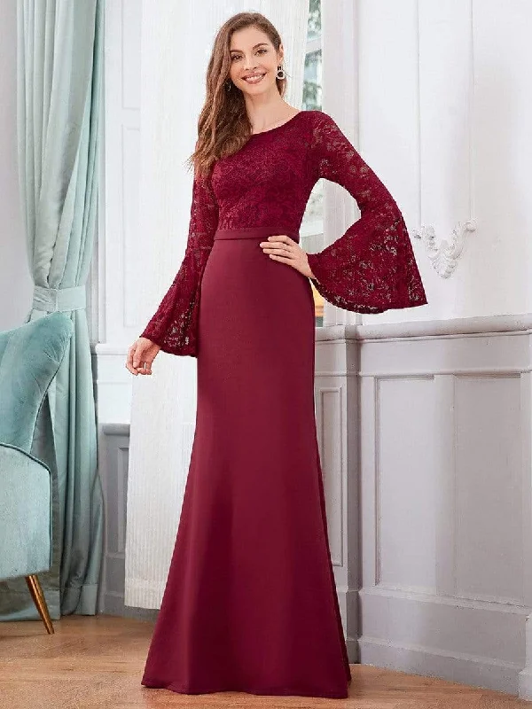 Elegant Round Neckline Lace Mermaid Evening Dress with Long Sleeve Tunics Occasion special