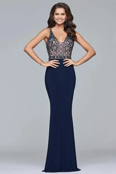 Faviana - Sleeveless V-Neck Beaded Evening Dress s10092 - 1 pc Navy In Size 10 Available Crew Neckline Sporty