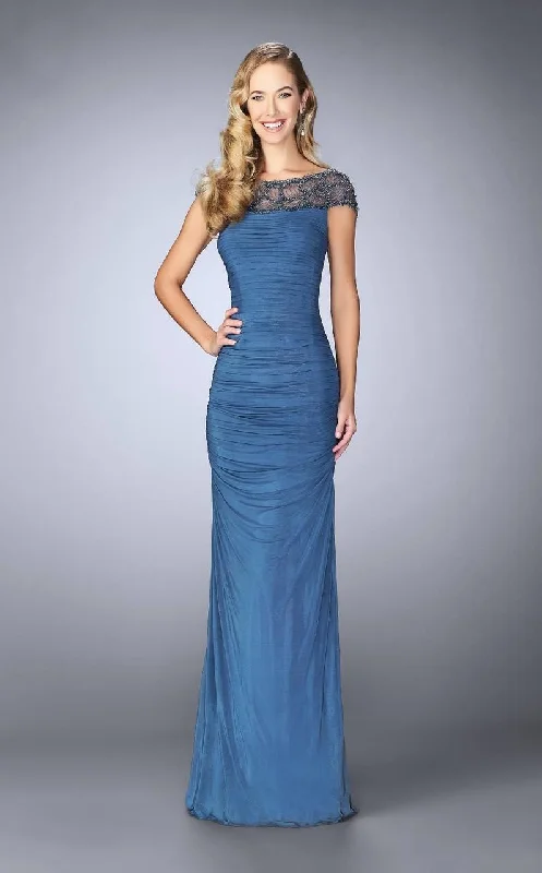 La Femme 23215 Beaded Illusion Bateau Ruched Evening Dress - 1 pc Slate Blue In Size 8 Available Mermaid Tail Wedding