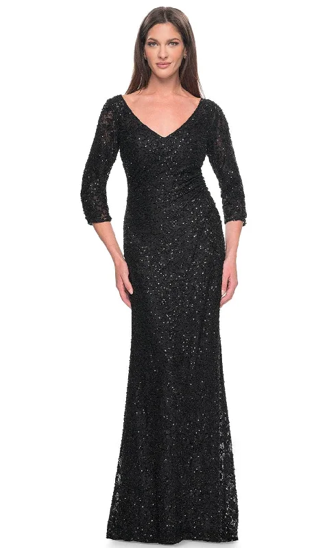 La Femme 31721 - Beaded Lace Evening Dress Boat Neckline Classic