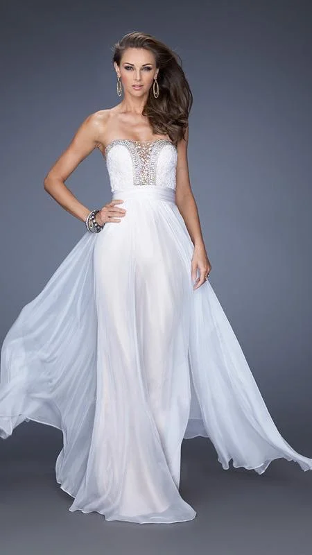 La Femme Beaded Strapless Chiffon Evening Dress High-Low Hemline Casual