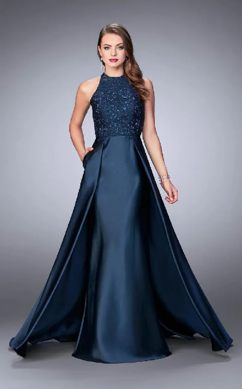 La Femme - High Halter Floral Evening Dress with Skirt Overlay 24252SC - 1 pc Navy in Size 2 Available Tunics Fall fleece
