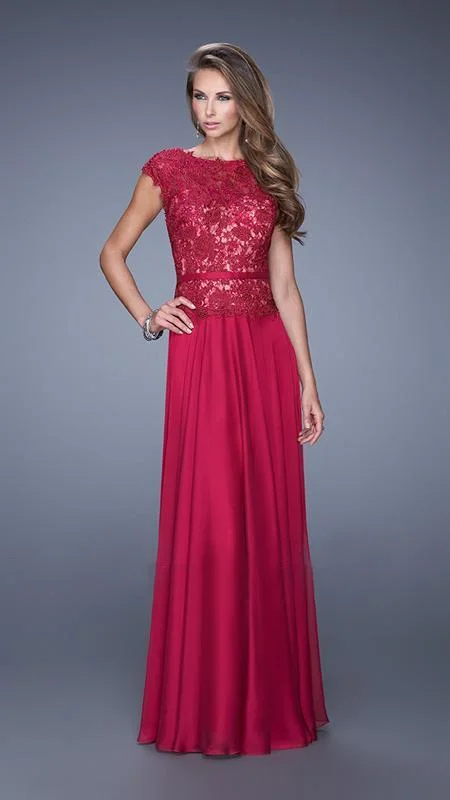 La Femme Lace Cap Sleeves Chiffon Evening Dress A-Line Day Work