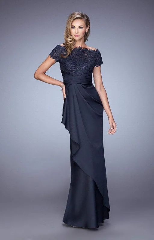 La Femme - Lace Ruched Ruffled Accented Evening Dress 21620SC - 2 Pcs. Silver In size 4 and 18 Available Tunics Cozy soft