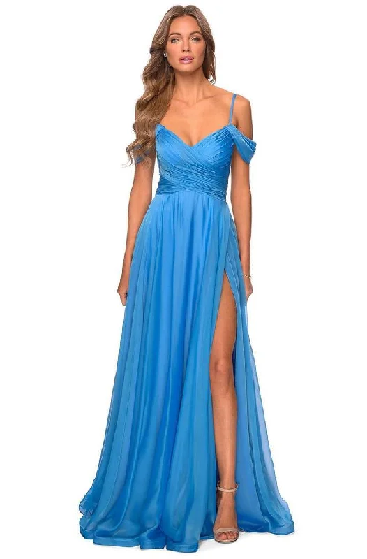 La Femme - Ruched Cold Shoulder A-Line Evening Dress 28942SC - 1 pc Cloud Blue In Size 8 Available Tunics Handmade artisanal
