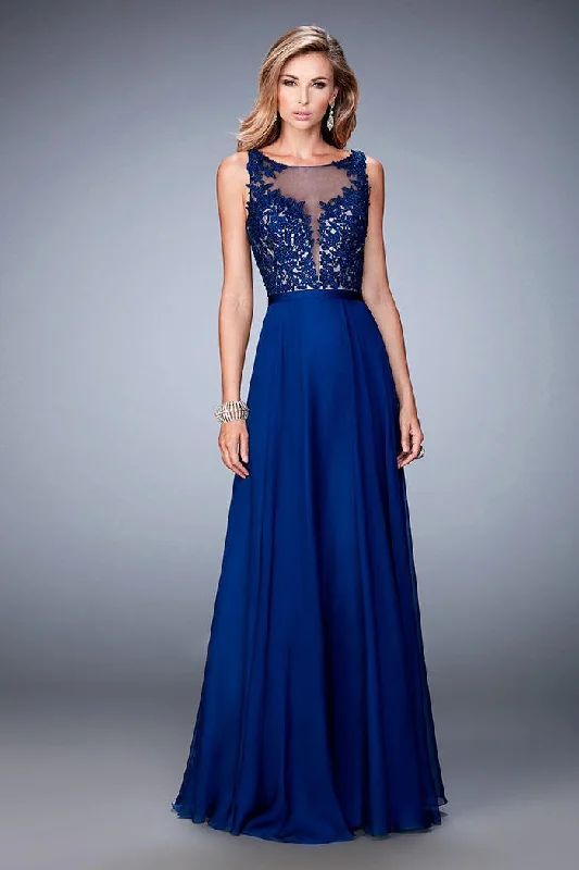 La Femme Sleeveless Lace Illusion Bateau A-line Evening Dress 22407 sweetheart Neckline Romantic