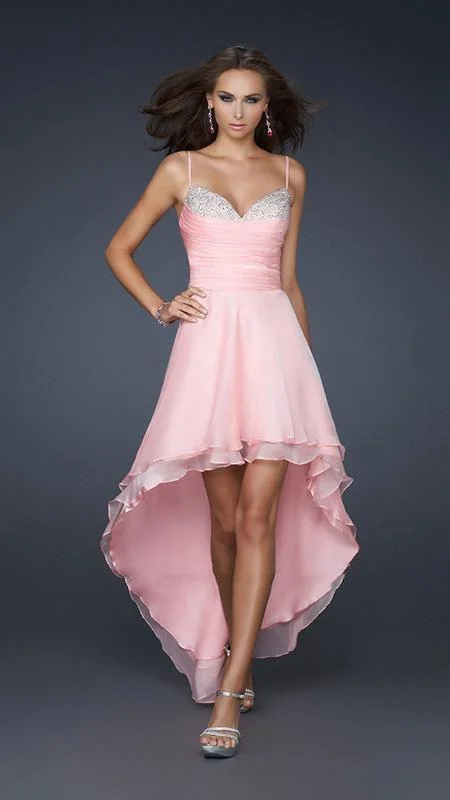 La Femme Sweetheart Bust Ruched Hi-Low Evening Dress 17141 - 1 pc Cotton Candy Pink In Size 6 Available Cowl Neckline Elegant